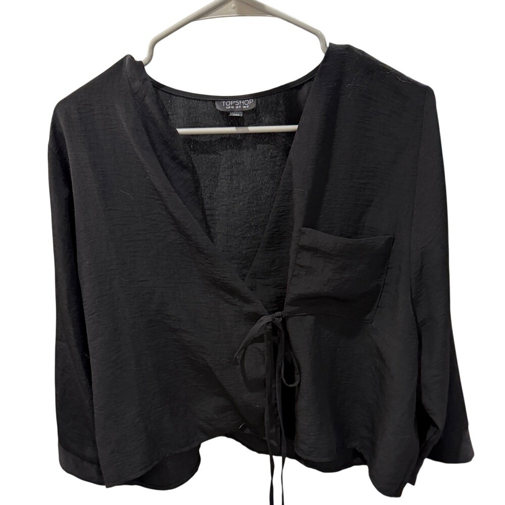 Topshop Black Wrap Tie Front V-Neck Blouse Long Sleeve Pocket Top US 8